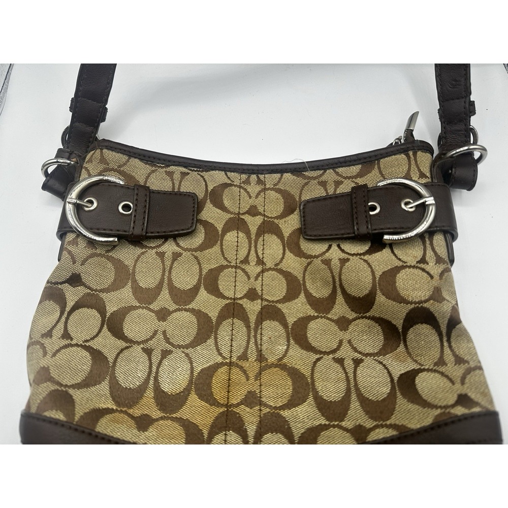 Coach Signature Soho Hobo Shoulder Bag Brown Khaki Canvas Leather Buckle Trim 14 - Picture 3 of 16